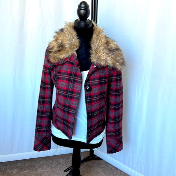 Heritage 1981 wool blend Plaid cropped coat with faux fur collar - Picture 1 of 7